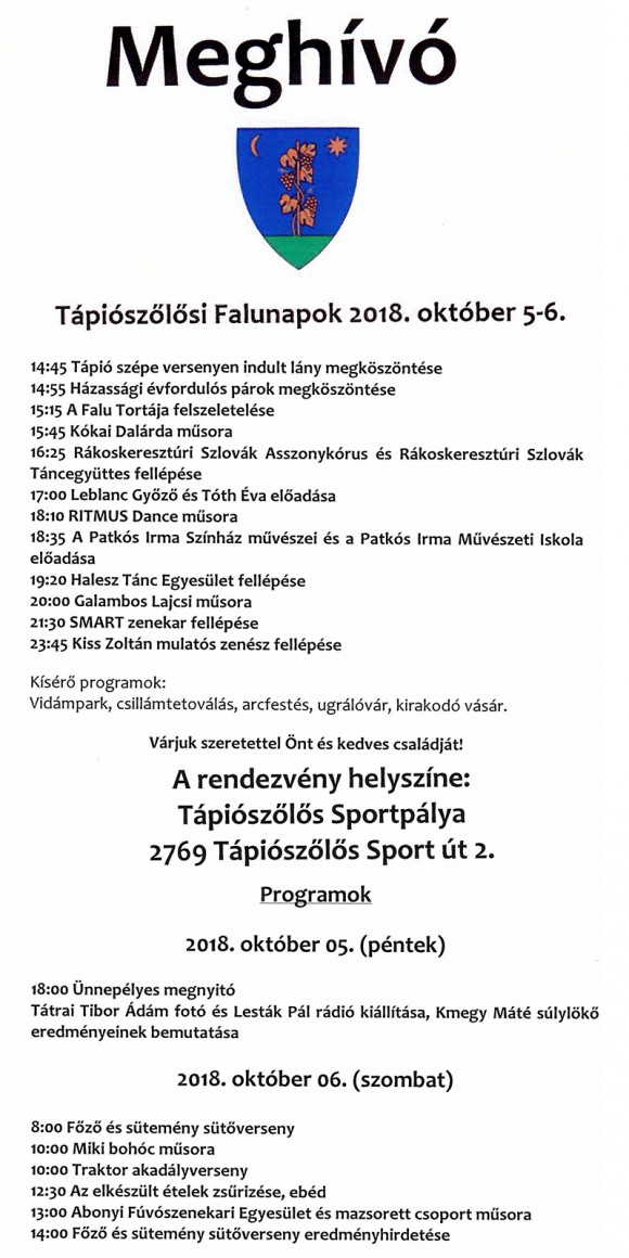 Tápiószőlősi Falunapok 2018. október 5-6.